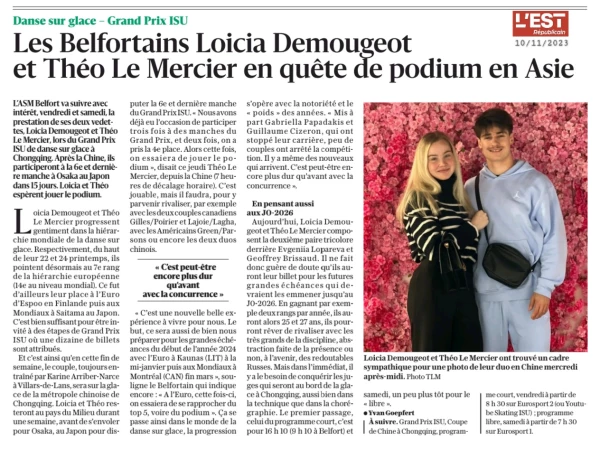 Les Belfortains Loïcia Demougeot et Théo Le Mercier en quête de podium en Asie.